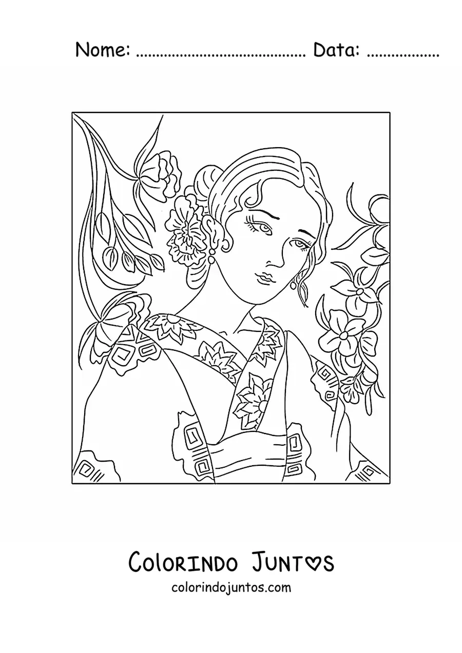 Desenho para colorir de linda mulher chinesa com traje tradicional