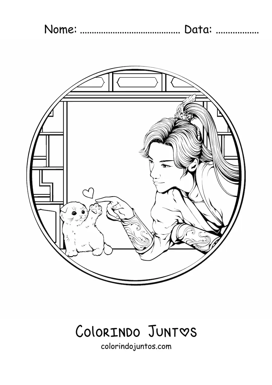 Desenho para colorir de linda guerreira chinesa com um gato
