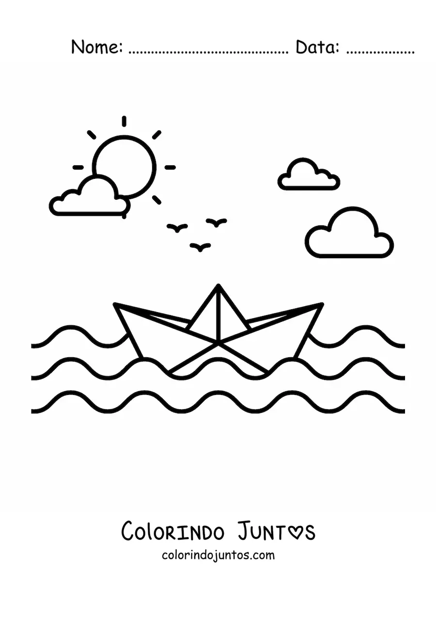 Desenho para colorir de um barco de papel no mar