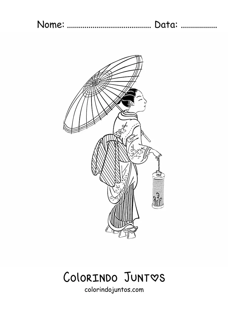Desenho para colorir de mulher chinesa com sombrinha