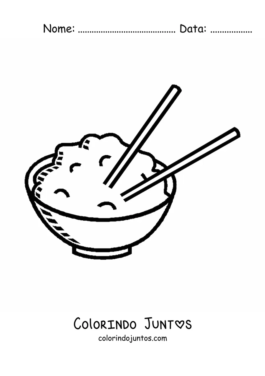 Desenho para colorir de prato de arroz com palitos chineses