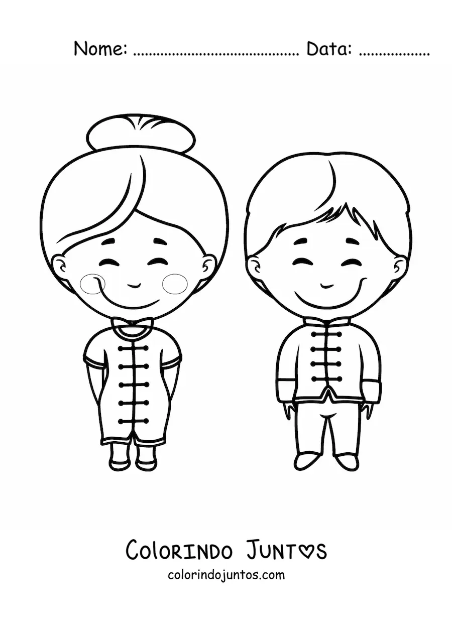 Desenho para colorir de homem e mulher chinesa com traje tradicional