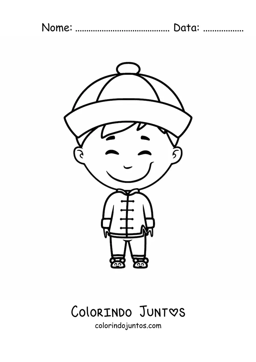 Desenho para colorir de menino chinês com traje tradicional