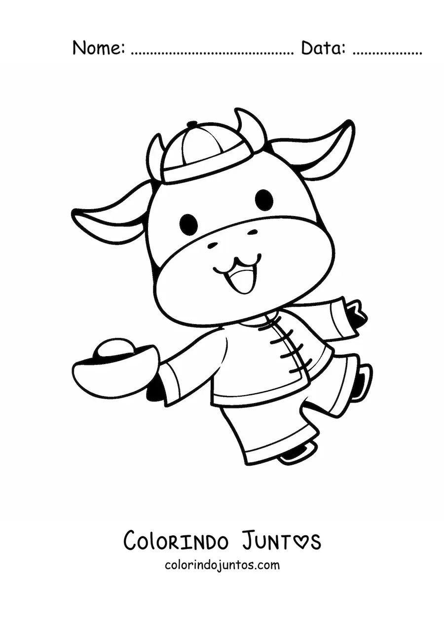 Desenho para colorir de vaca animada comemorando o Ano Novo Chinês