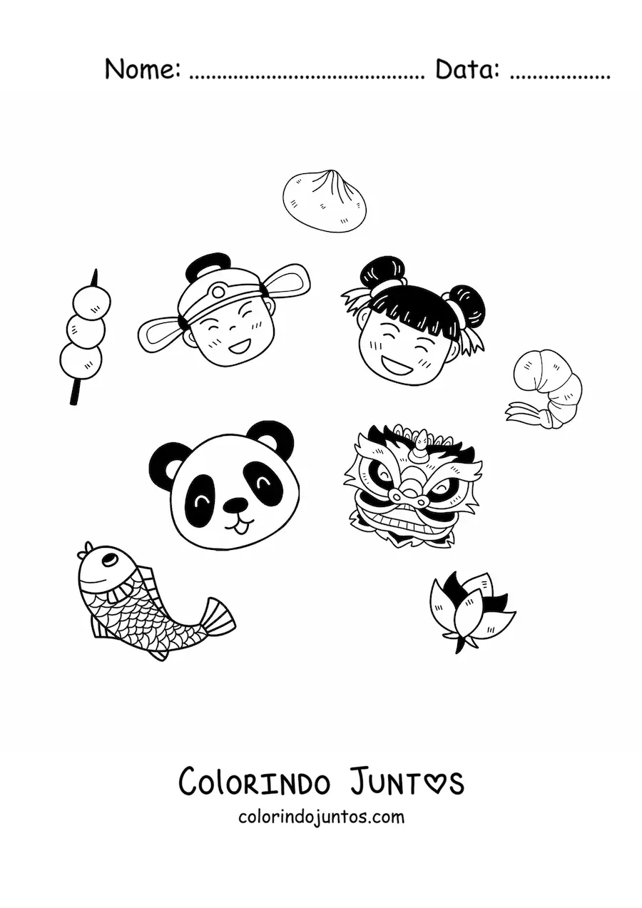 Desenho para colorir de crianças chinesas kawaii com um panda e uma máscara chinesa