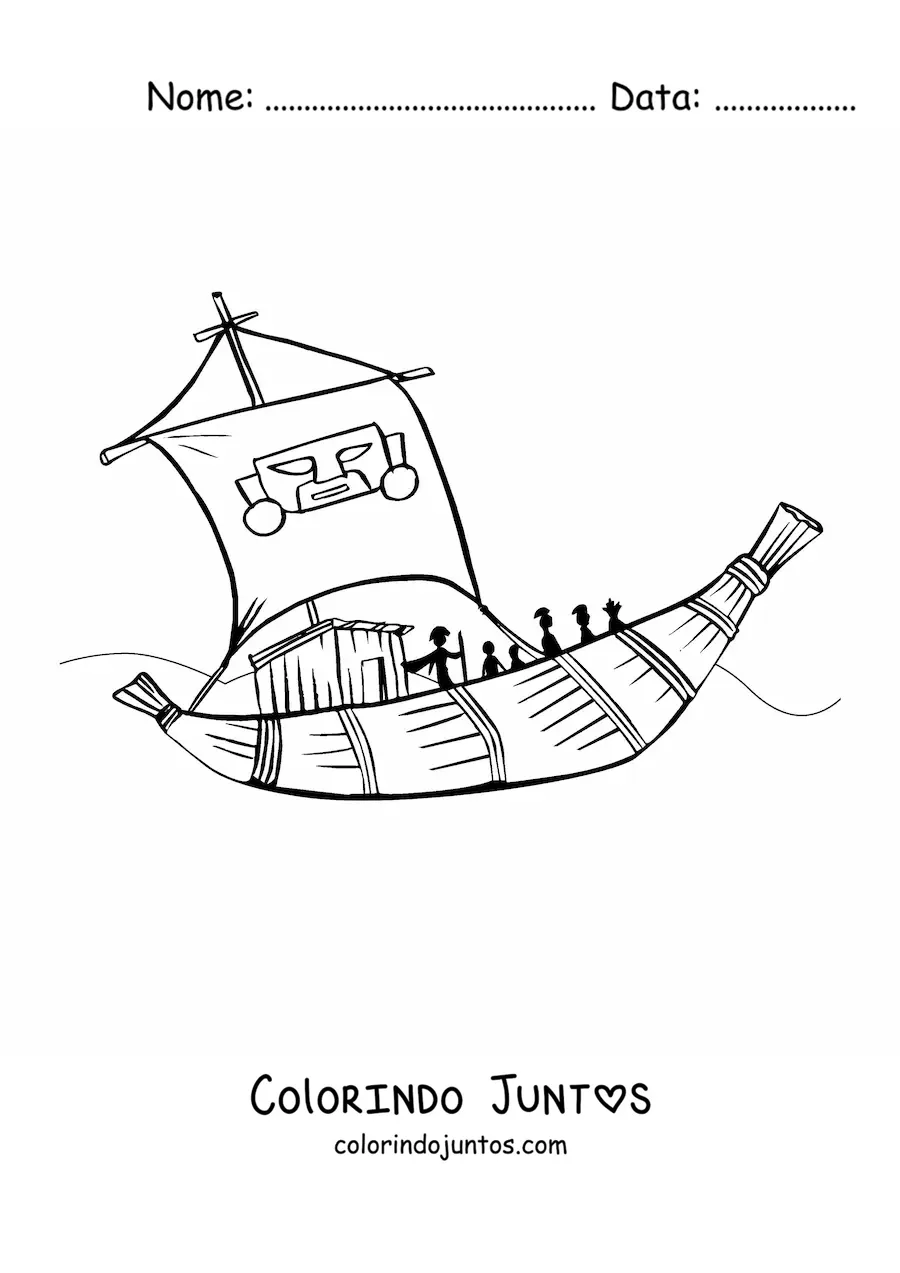 Desenho para colorir de um barco inca com tripulantes no mar