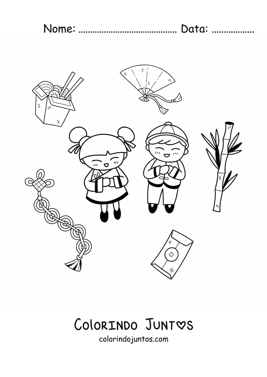 Desenho para colorir de crianças chinesas kawaii com elementos da cultura chinesa
