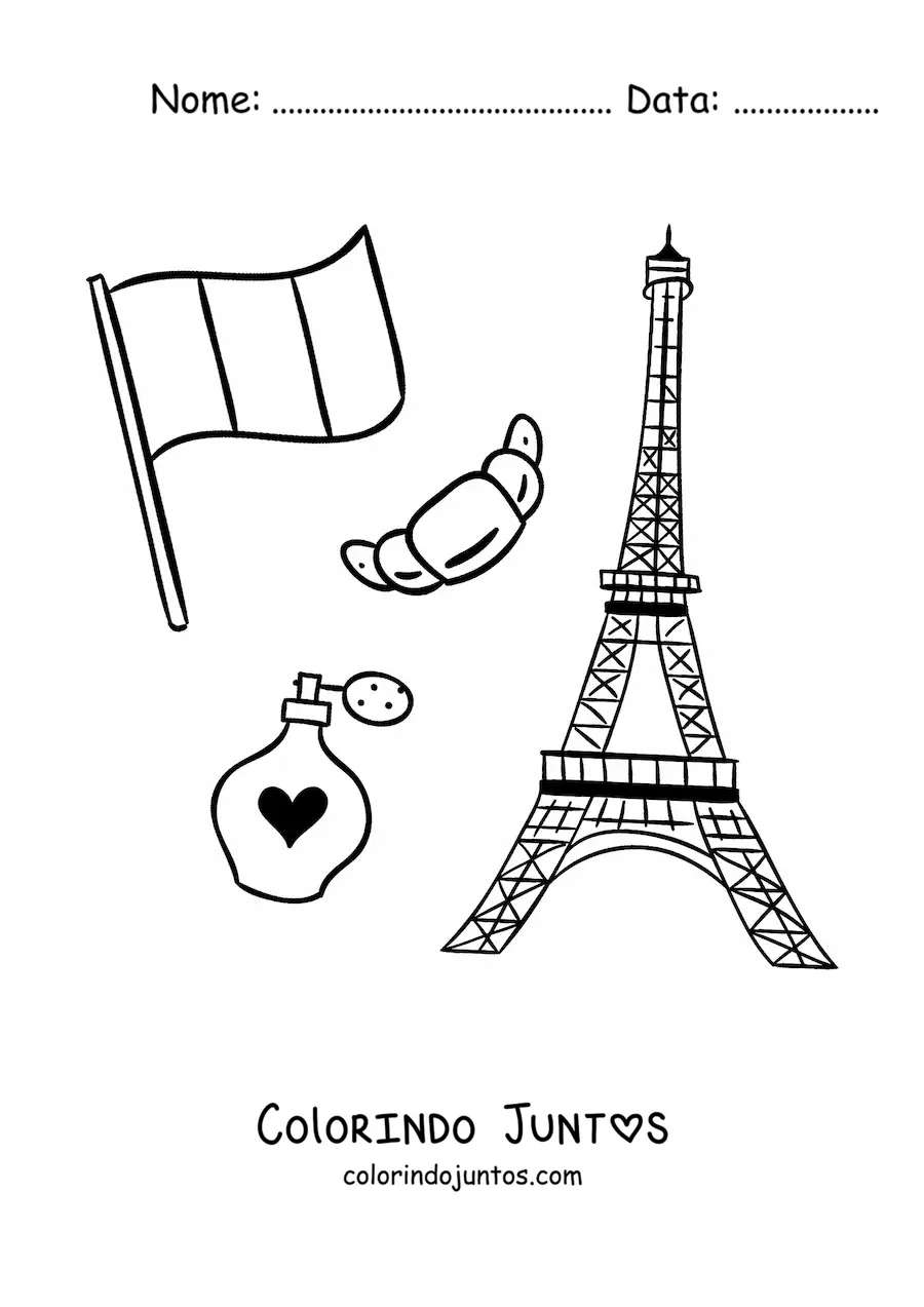 Desenho para colorir de torre Eiffel e bandeira da França