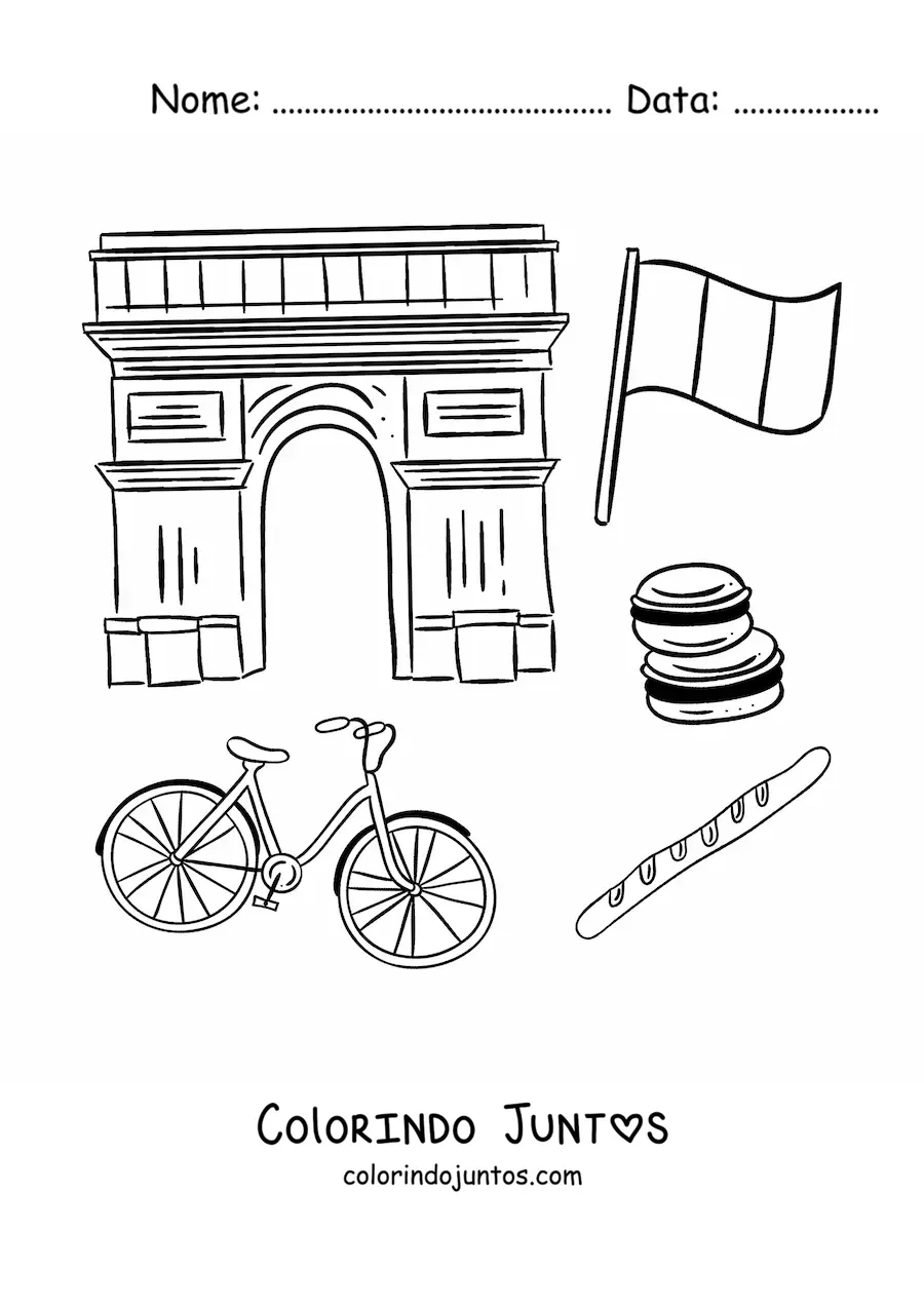 Desenho para colorir de Arco do Triunfo de Paris e bandeira da França