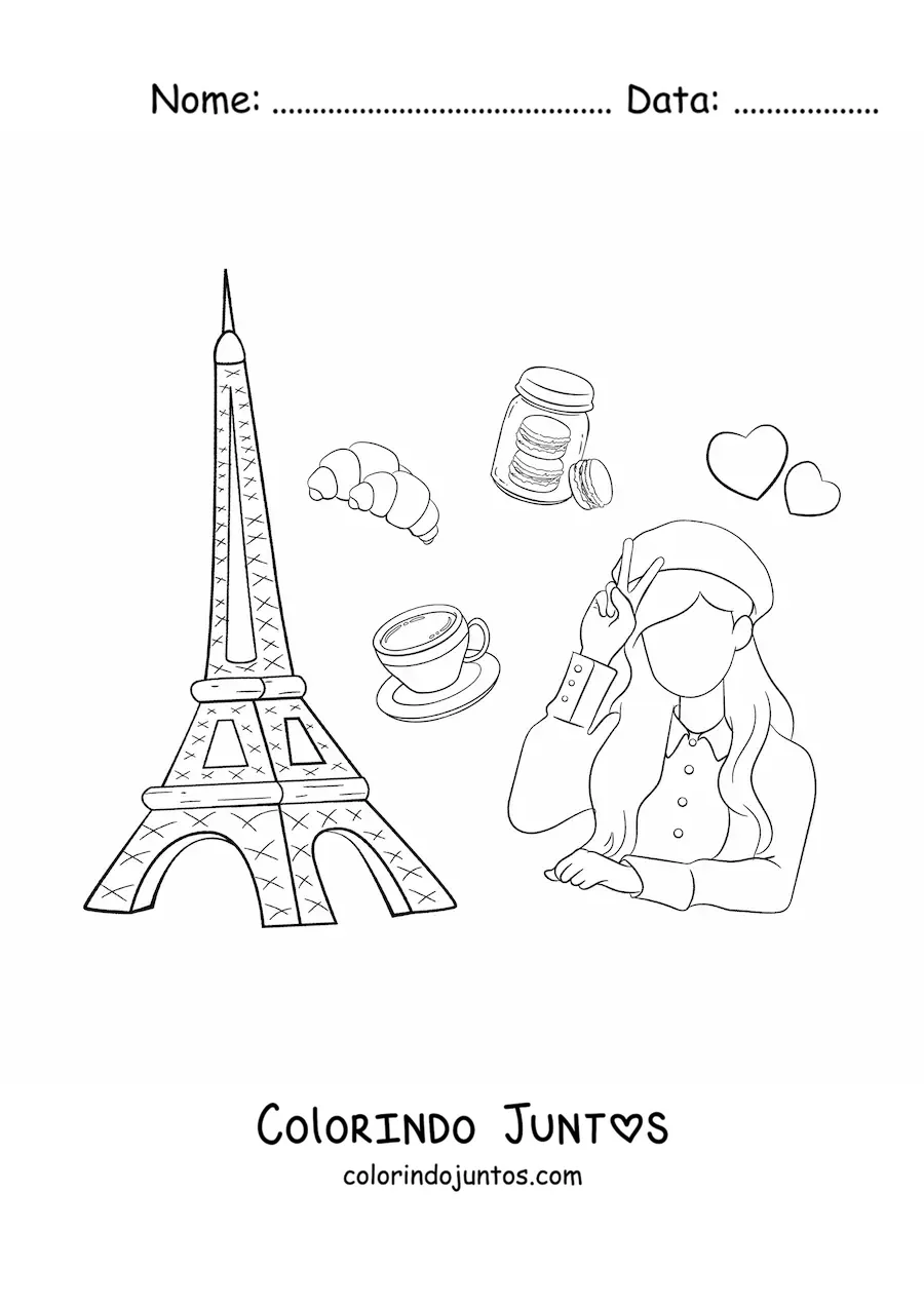 Desenho para colorir de torre Eiffel e garota francesa