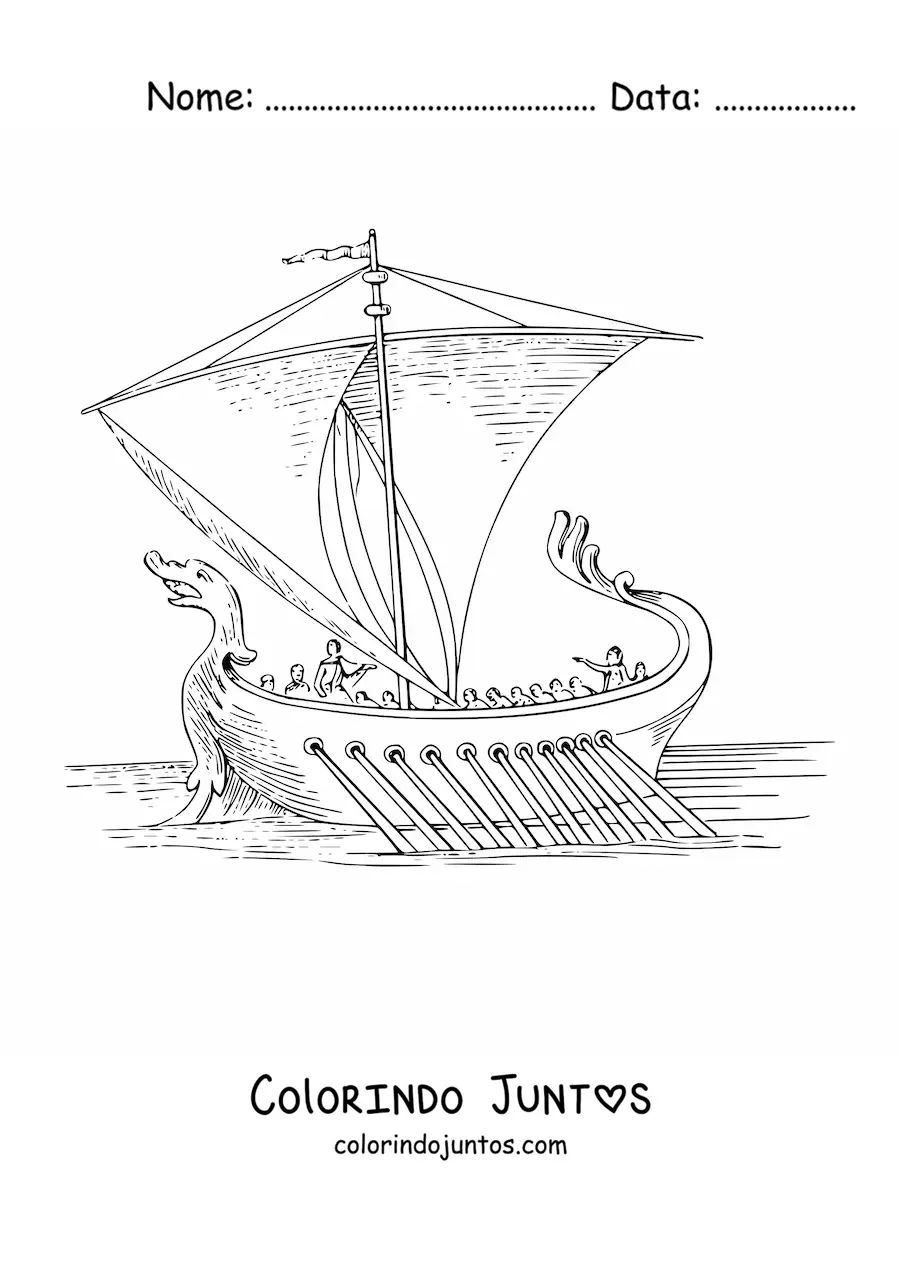 Desenho para colorir de um navio romano antigo com uma proa de serpente no mar