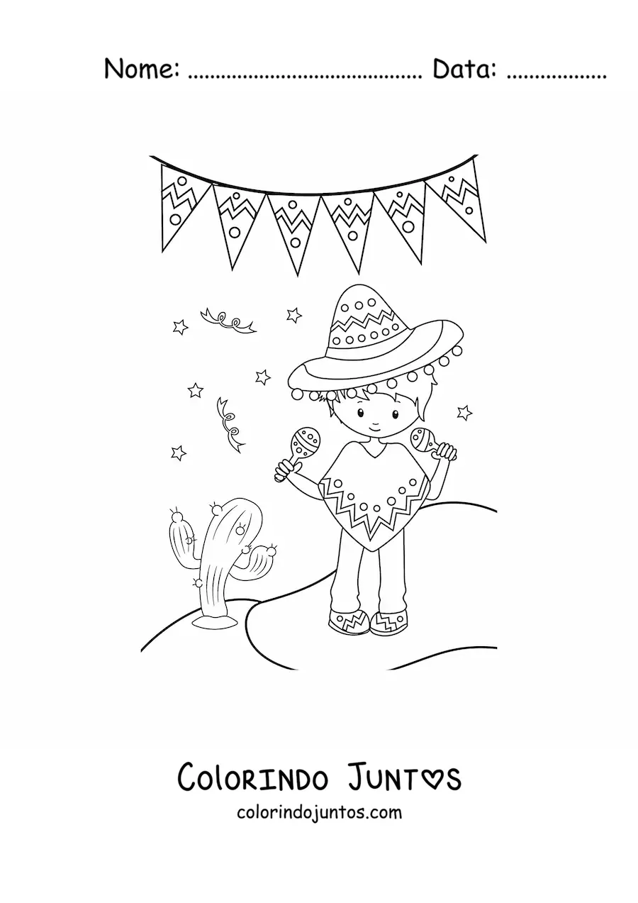 Desenho para colorir de menino mexicano animado