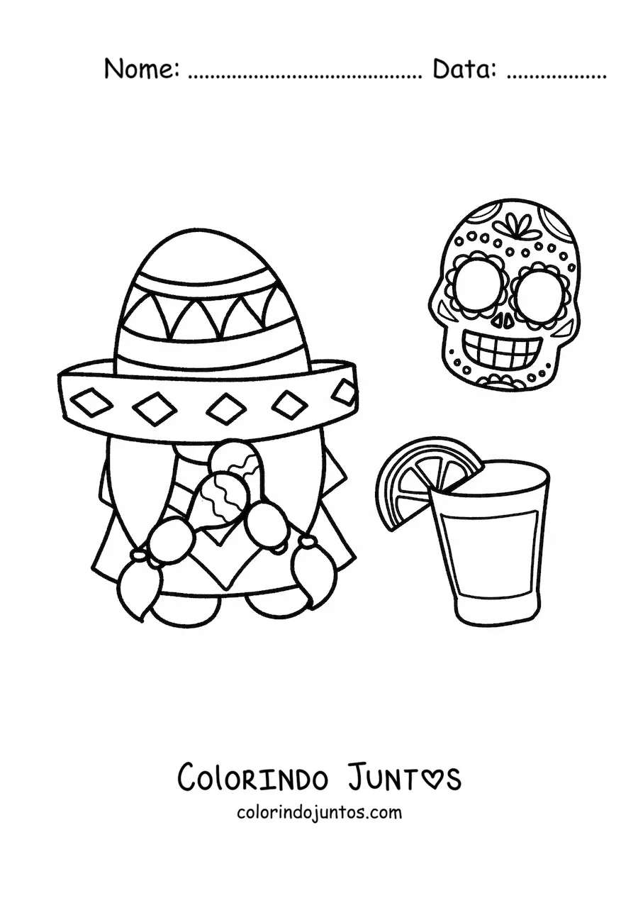 Desenho para colorir de gnomo animado com sombrero mexicano e tequila