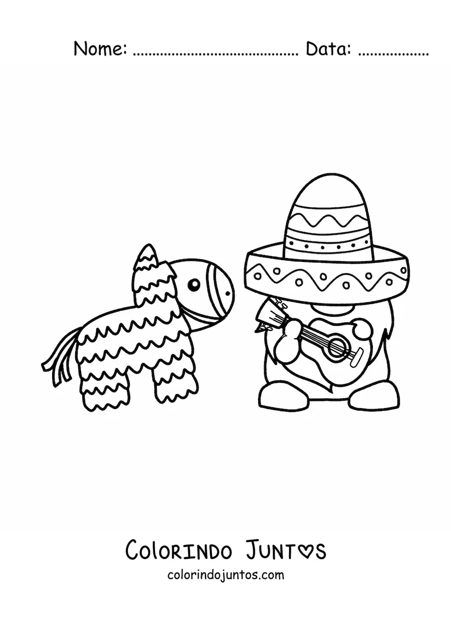 Desenho para colorir de gnomo animado com sombrero mexicano e pinhata