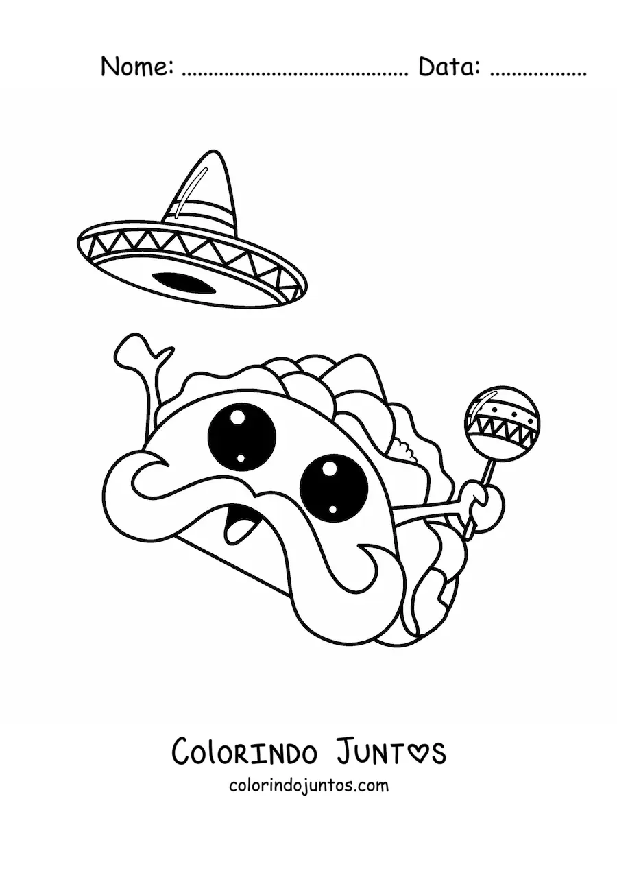 Desenho para colorir de taco mexicano kawaii animado com sombrero e maracá