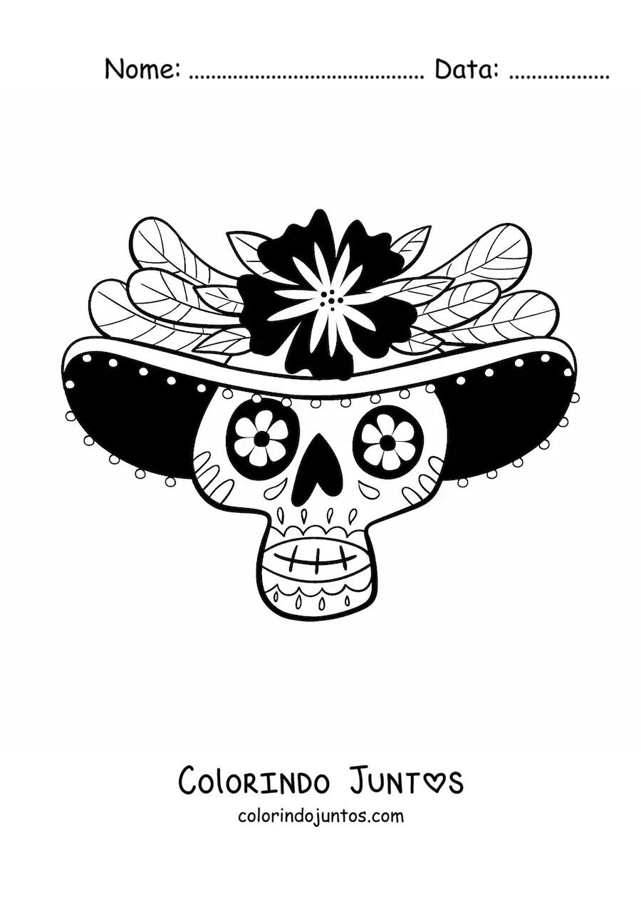 Desenho para colorir de caveira mexicana com sombrero