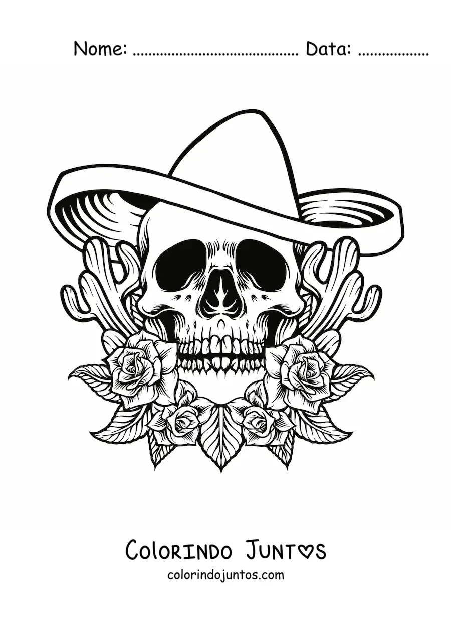 Desenho para colorir de caveira com sombrero mexicano