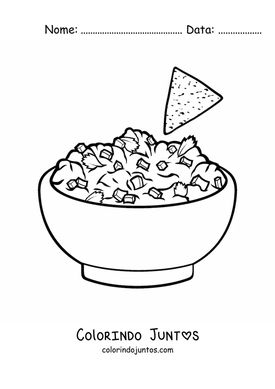 Desenho para colorir de guacamole com nachos