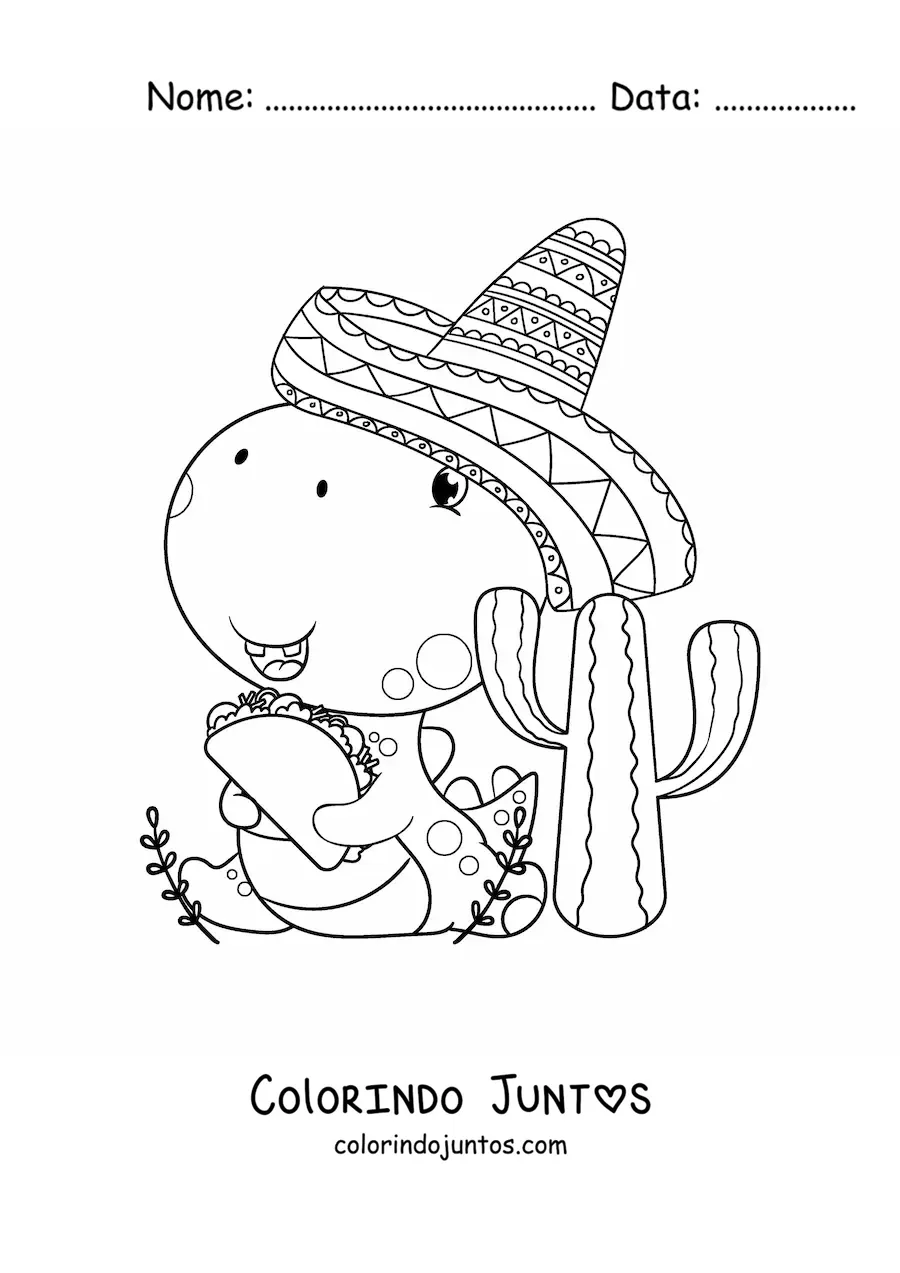 Desenho para colorir de dinossauro animado com sombrero mexicano e um taco