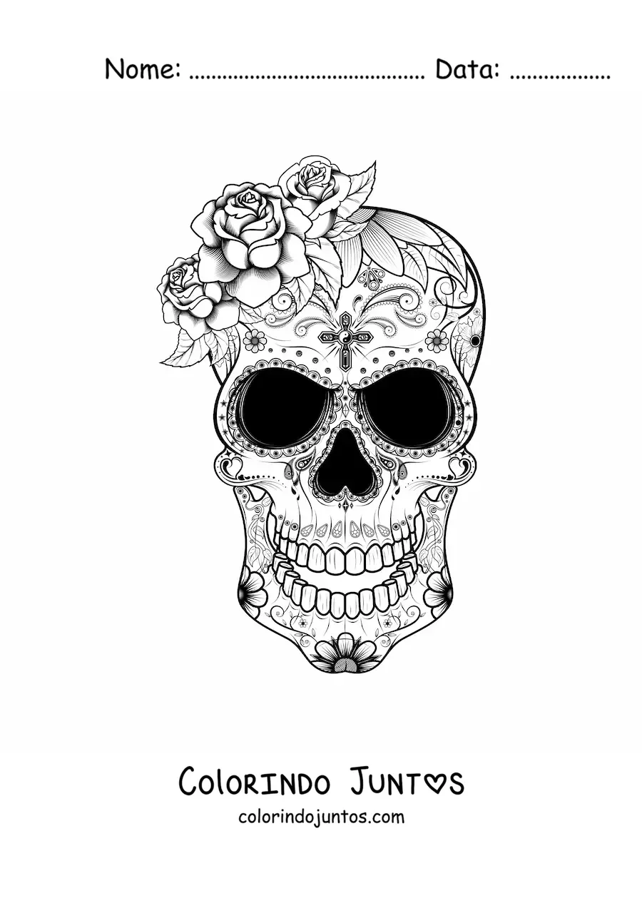 Desenho para colorir de caveira mexicana com flores