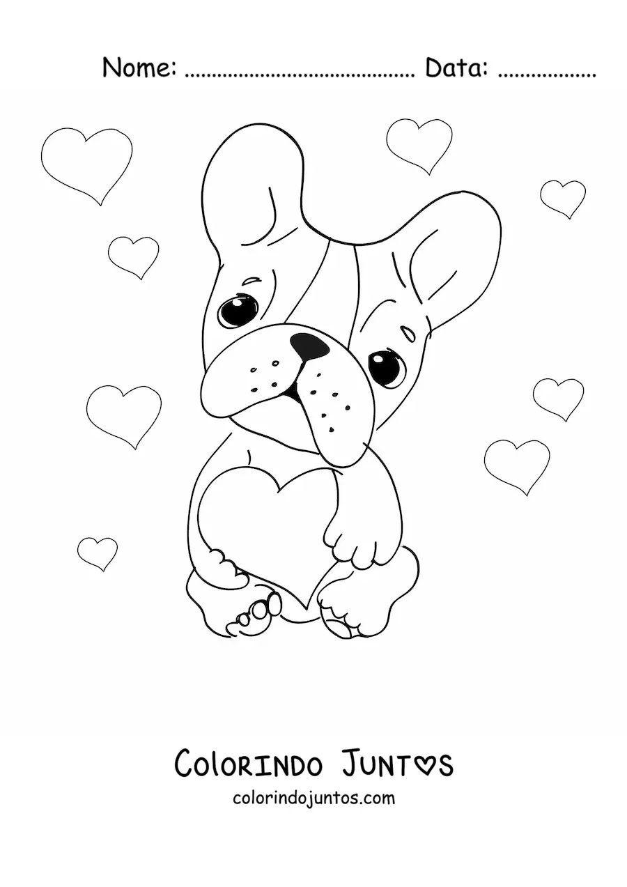 Desenho para colorir de buldogue francês sentado segurando um coração com corações ao fundo