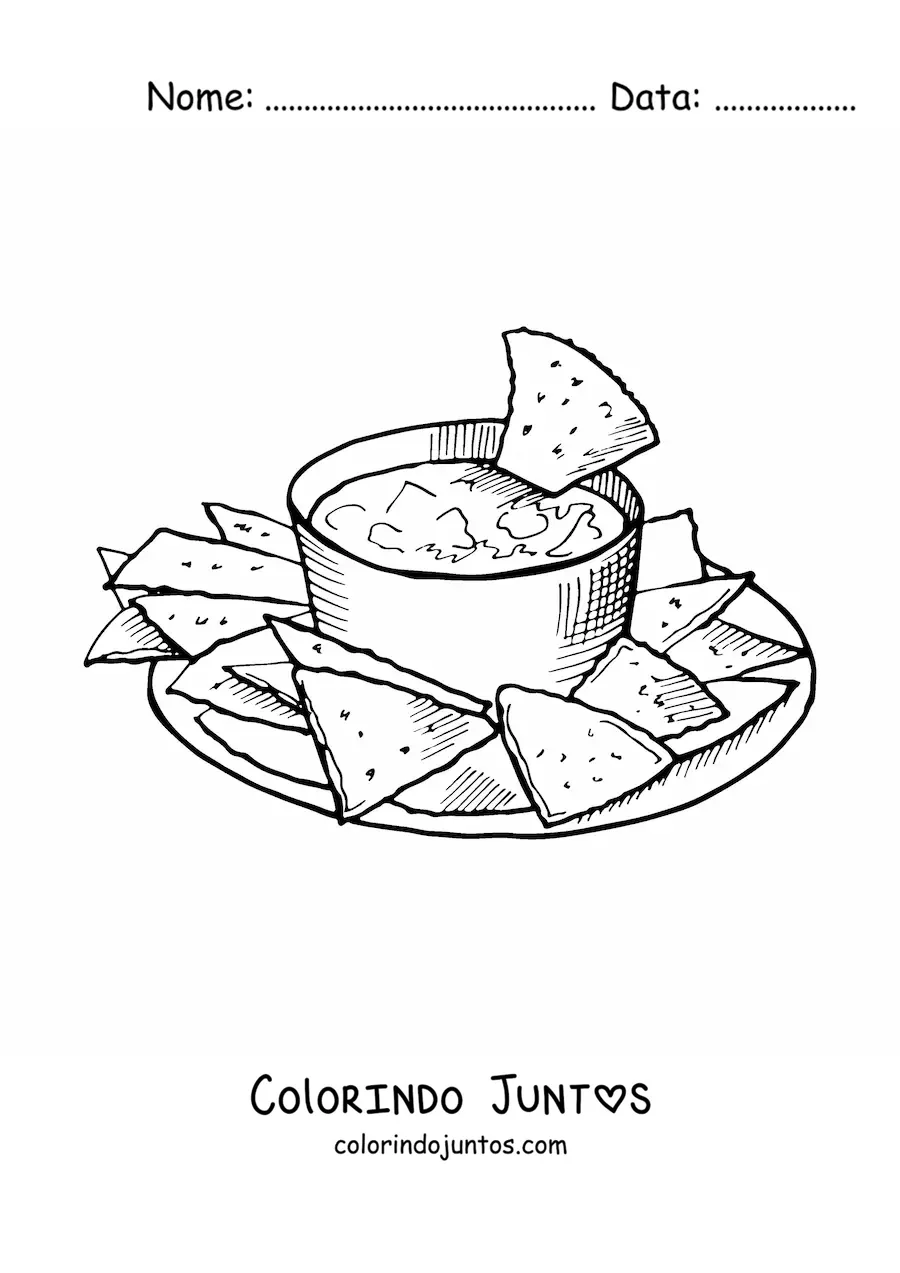 Desenho para colorir de nachos com guacamole