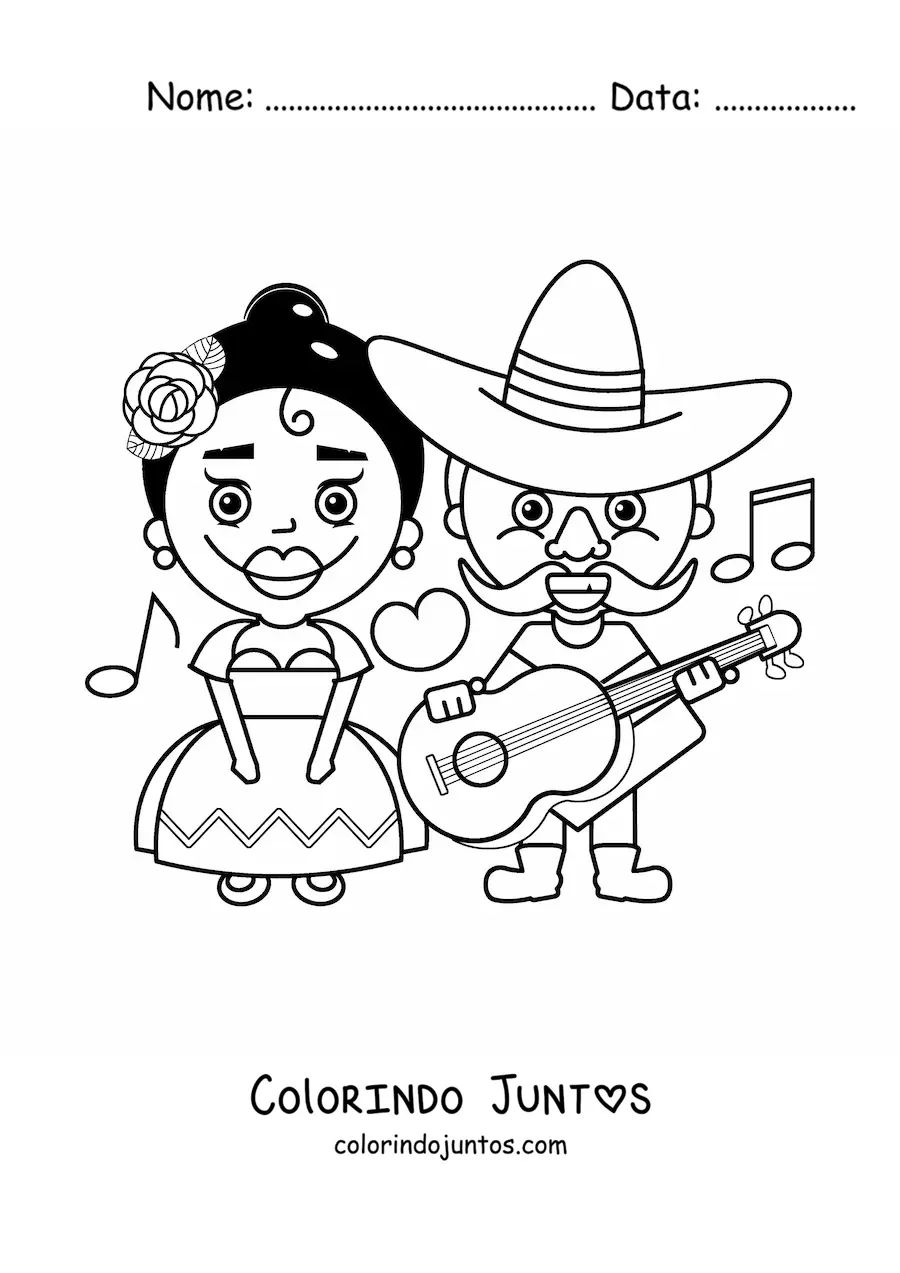 Desenho para colorir de casal mexicano com trajes tradicionais