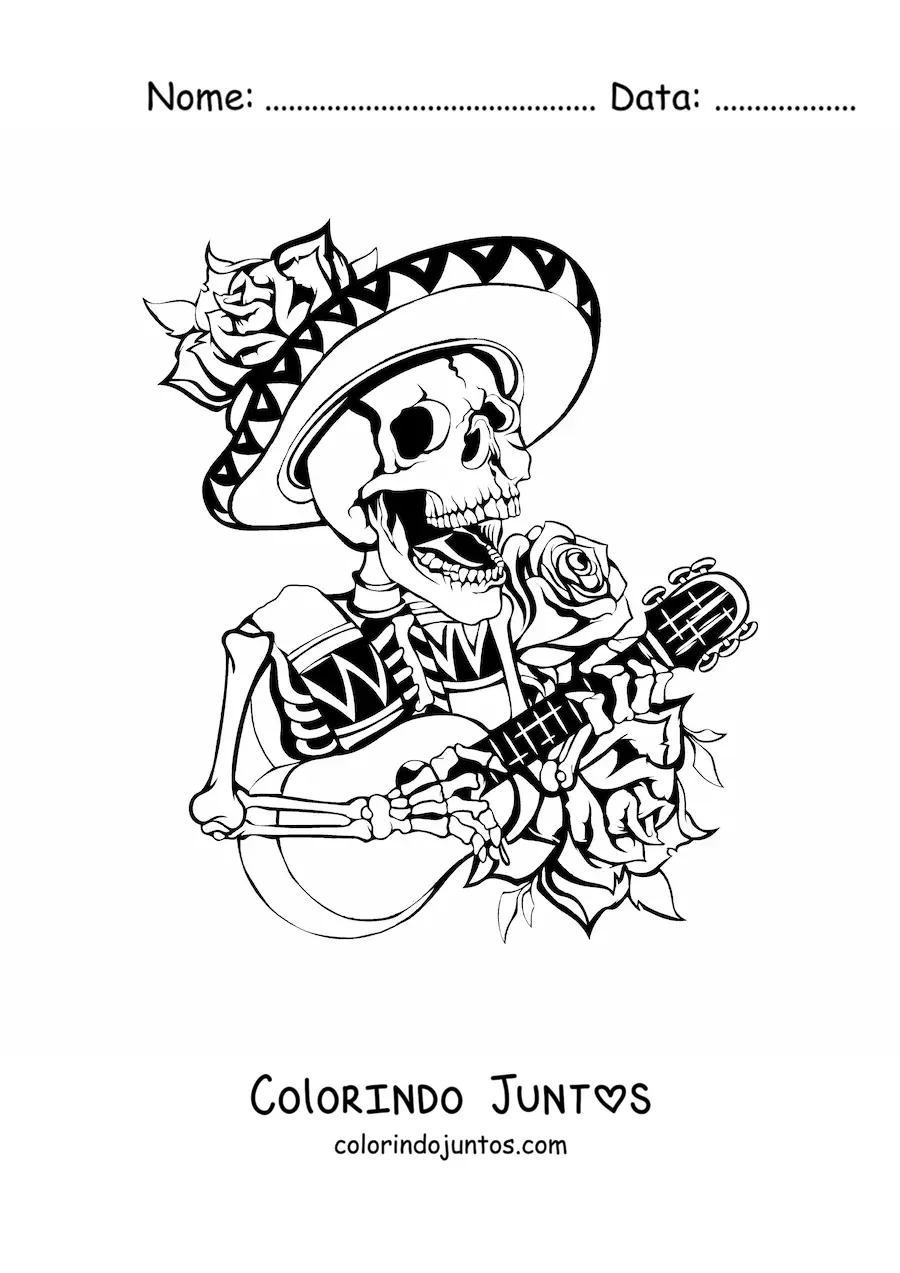 Desenho para colorir de esqueleto mariachi mexicano