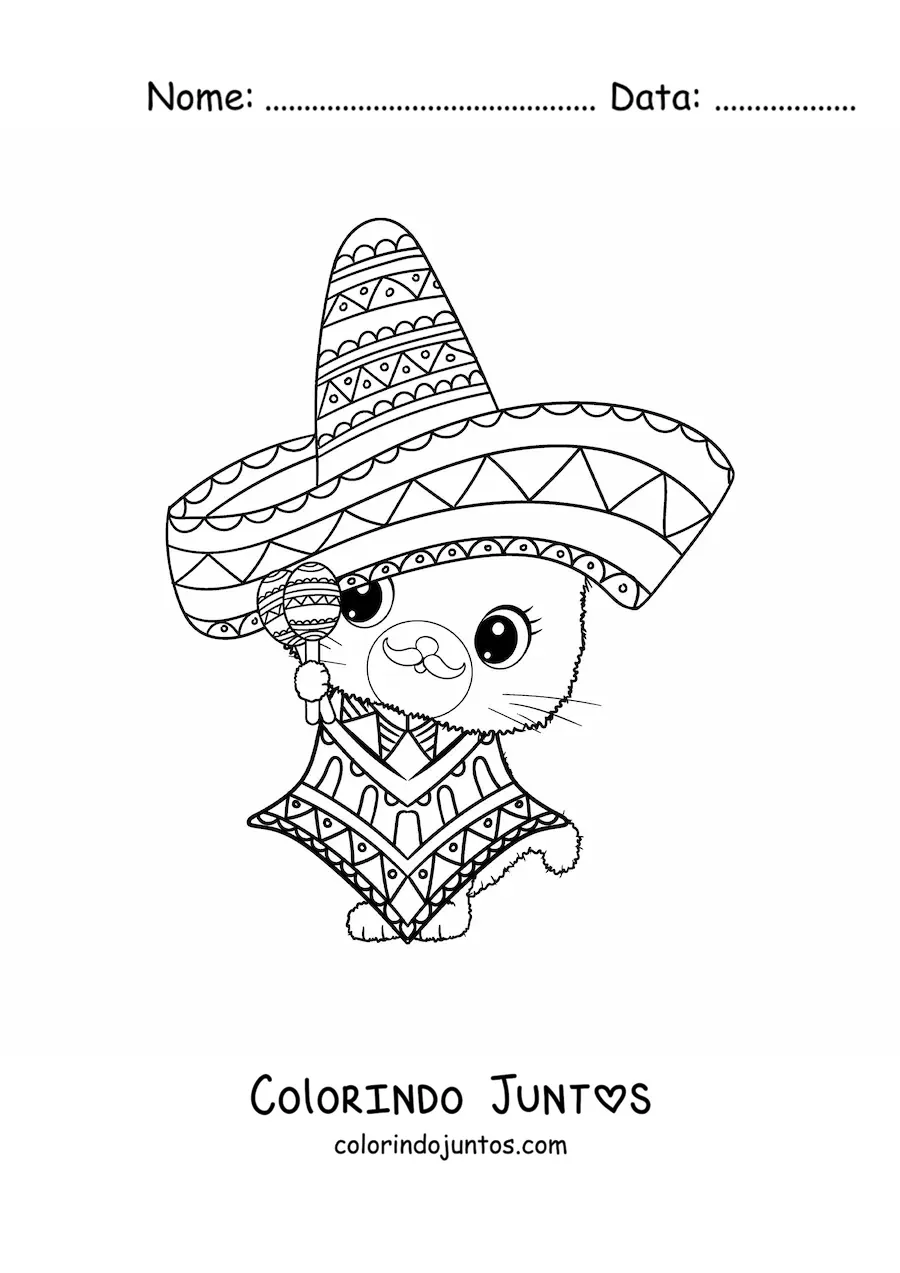 Desenho para colorir de gato mariachi animado