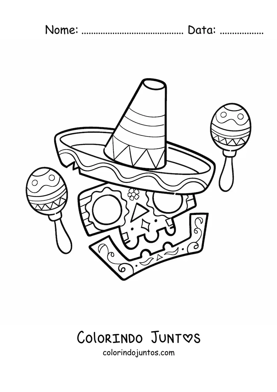Desenho para colorir de caveira mexicana em desenho animado com maracás