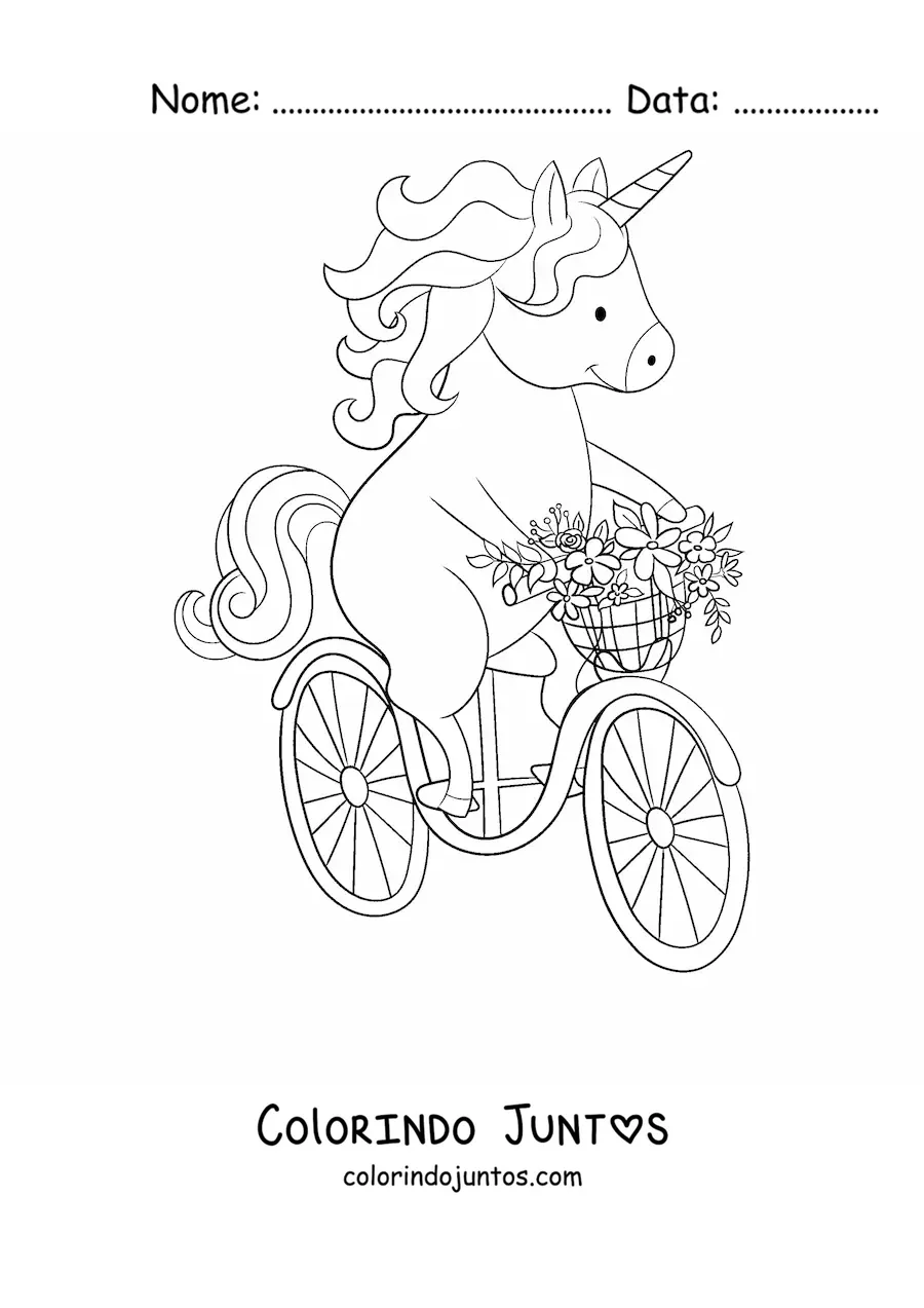 Desenho para colorir de um unicornio kawaii andando de bicicleta com flores