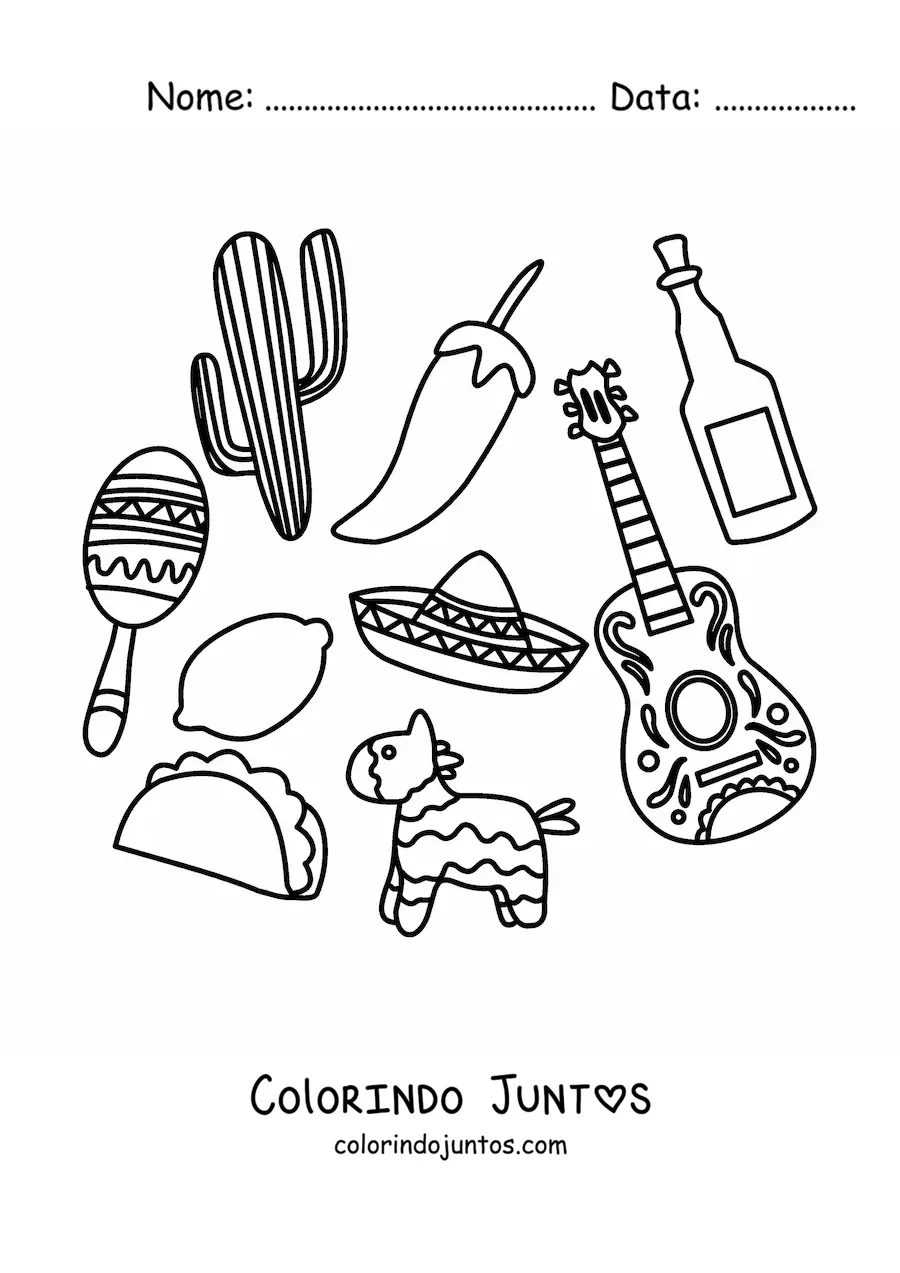 Desenho para colorir de elementos da cultura mexicana