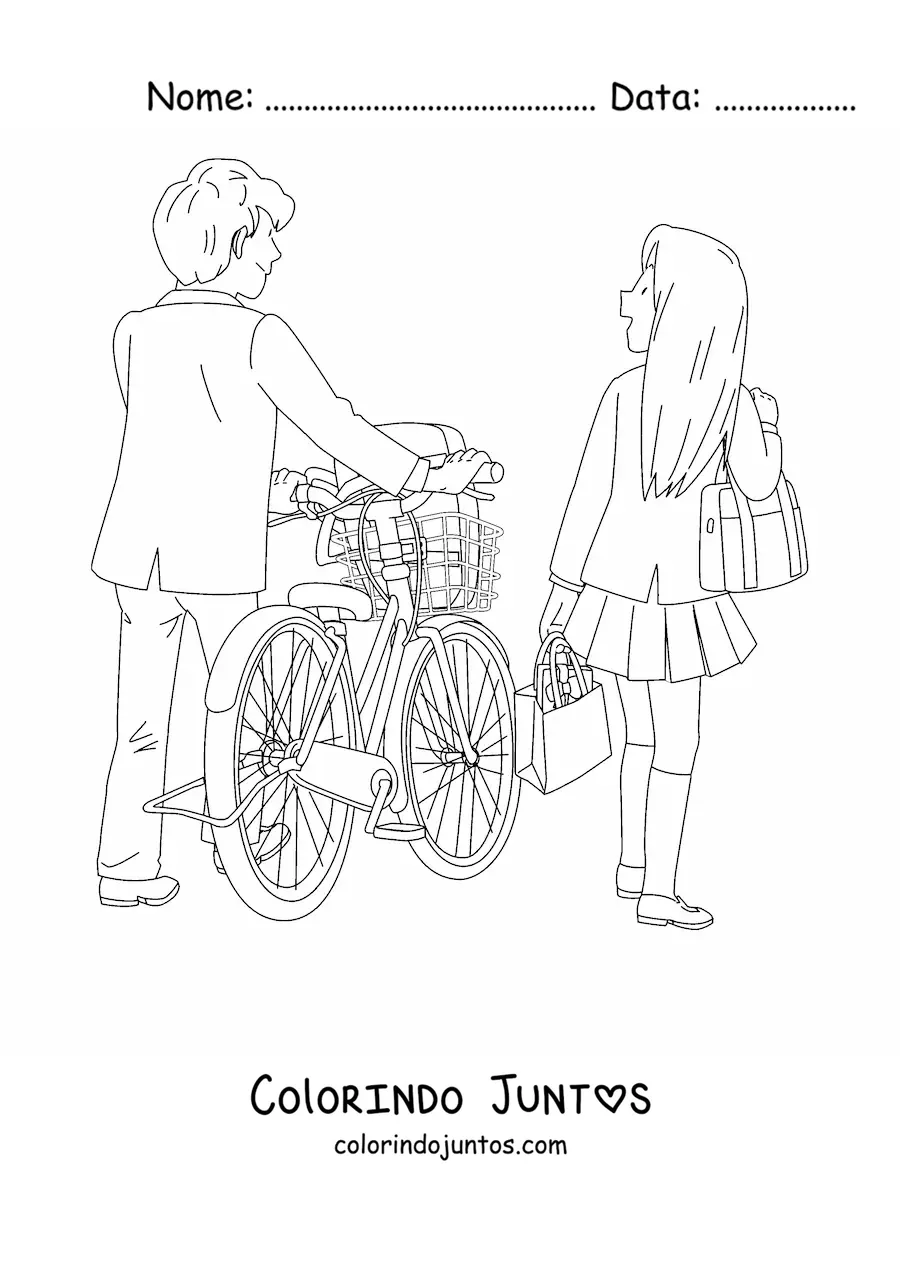 Desenho para colorir de um casal com uma bicicleta
