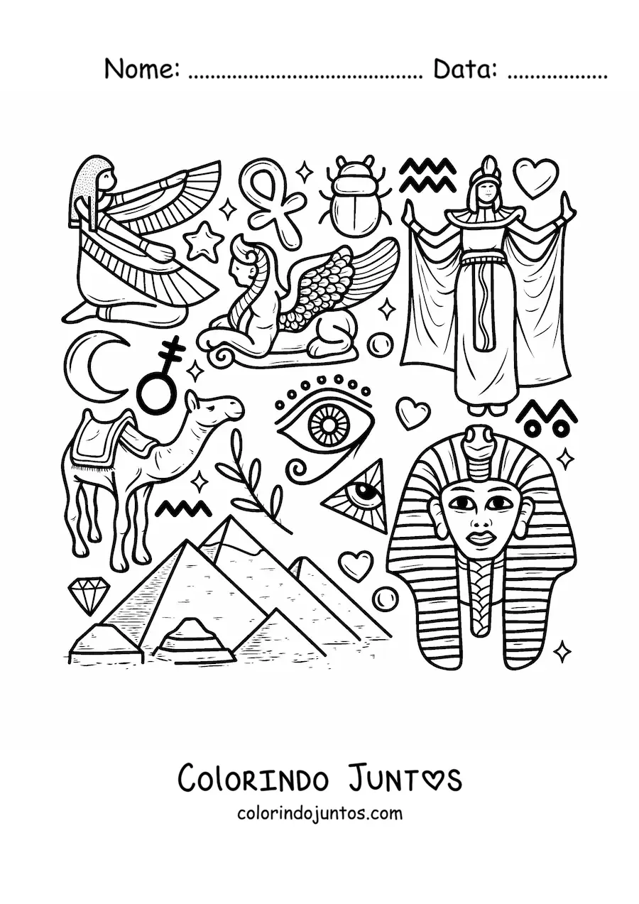 Desenho para colorir de pirâmides e elementos da cultura do antigo egito