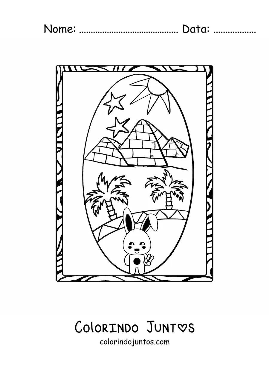 Desenho para colorir de coelho animado visitando as pirâmides egípcias