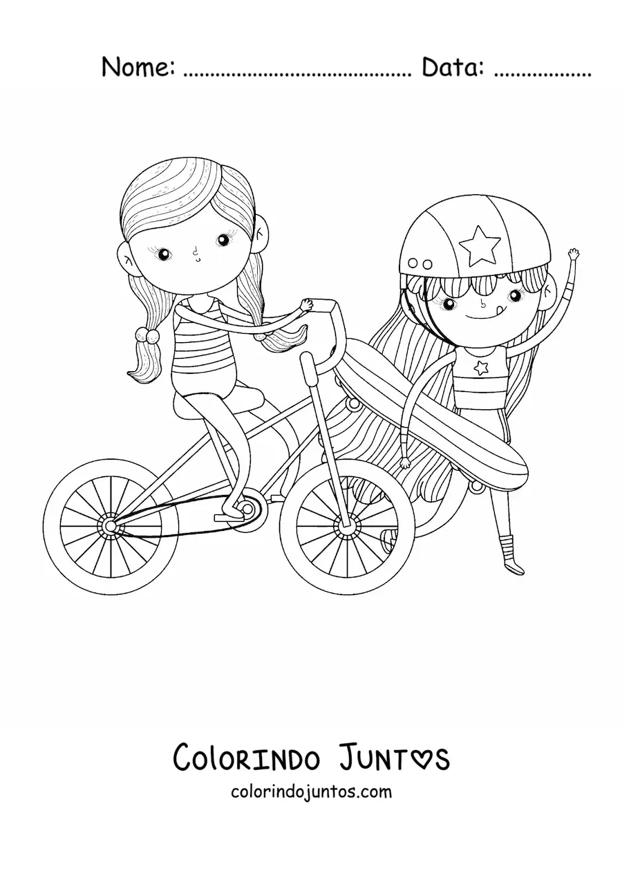 Desenho para colorir de uma menina de bicicleta e uma menina com um skate