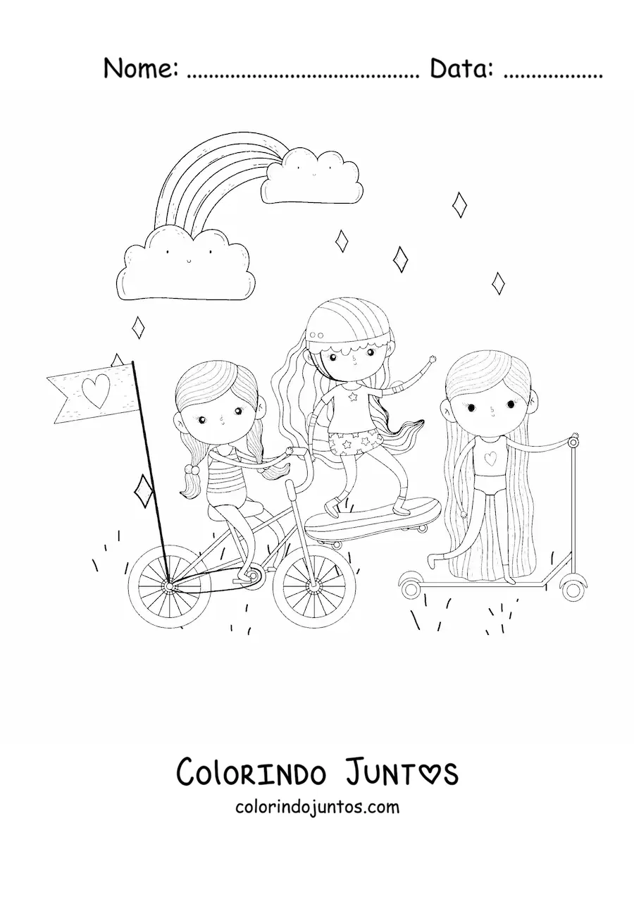 Desenho para colorir de tres meninas andando de bicicleta, skate e patinete com arco-iris ao fundo