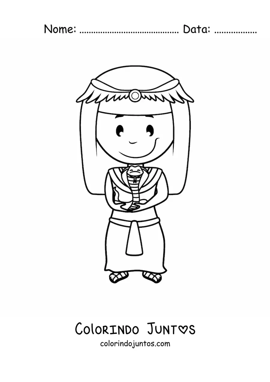 Desenho para colorir de mulher egípcia animada com uma cobra