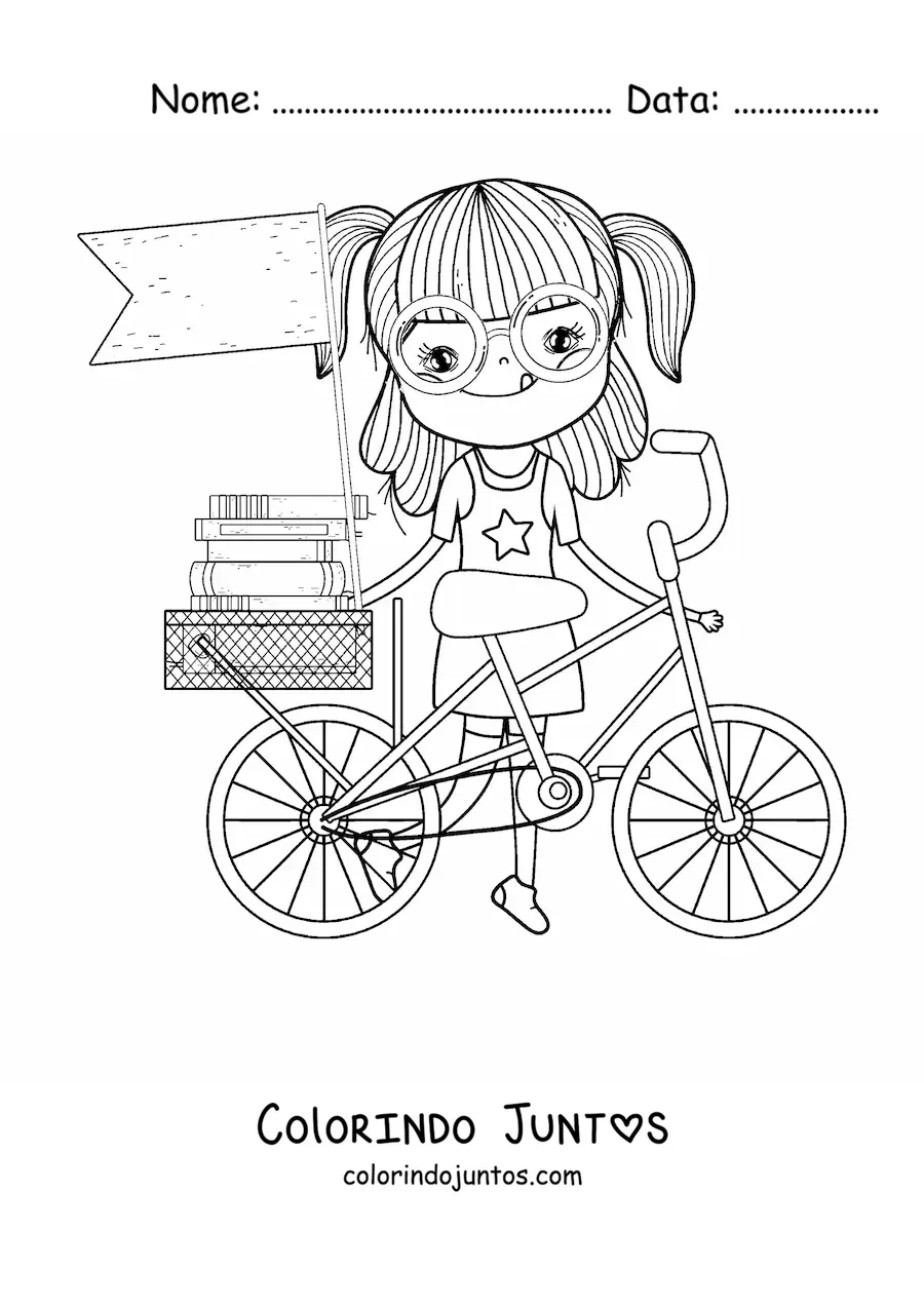 Desenho para colorir de uma menina com bicicleta e livros