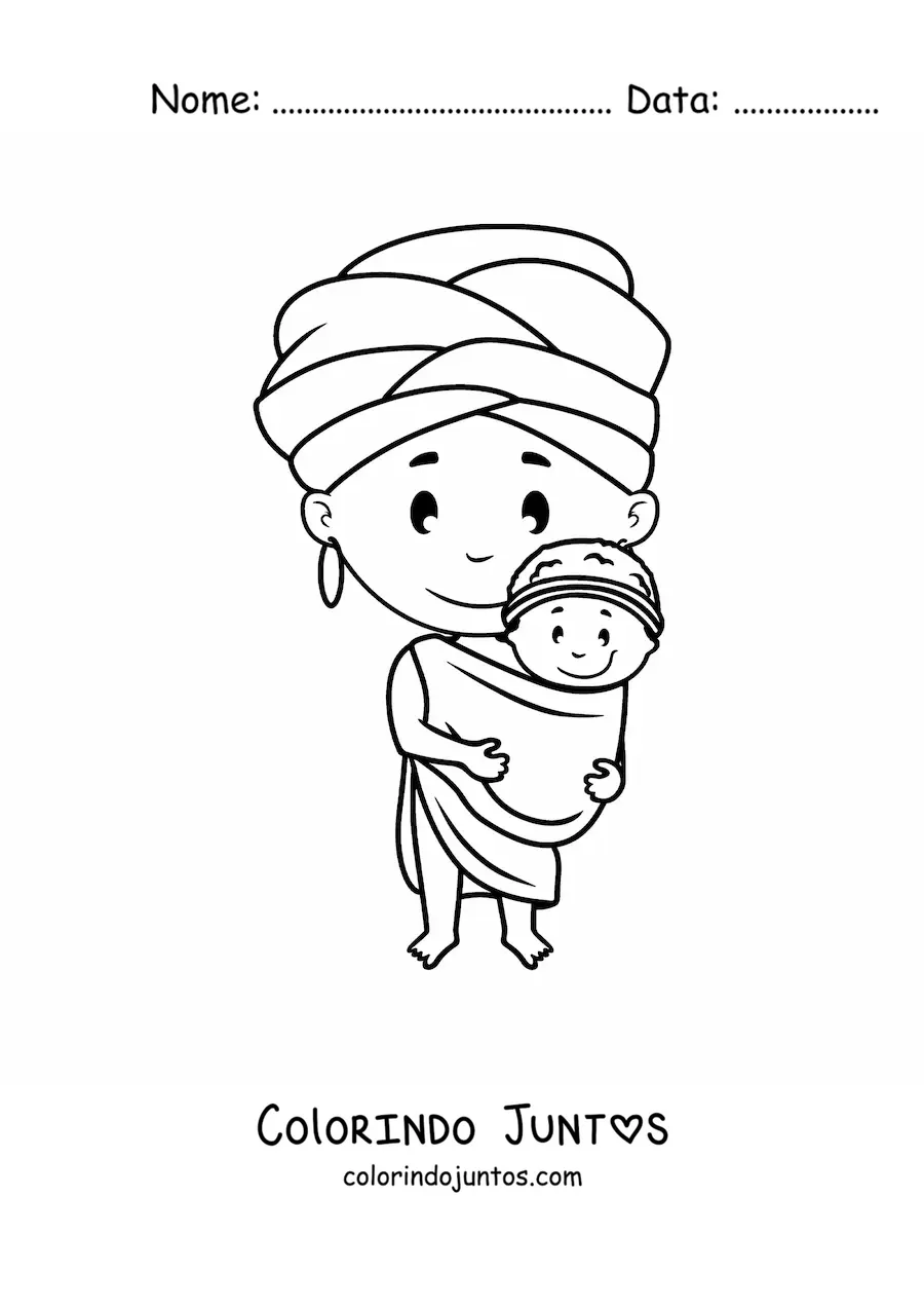 Desenho para colorir de mulher africana animada com um bebê