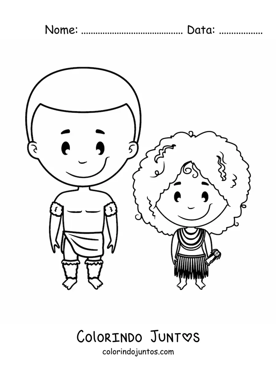 Desenho para colorir de menina de tribo africana e seu pai