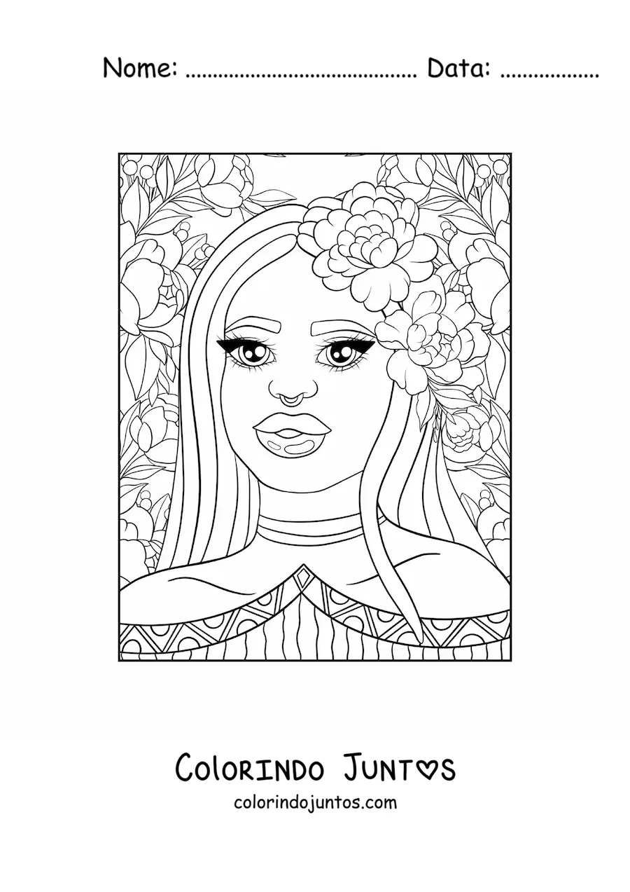Desenho para colorir de bela mulher africana com flores