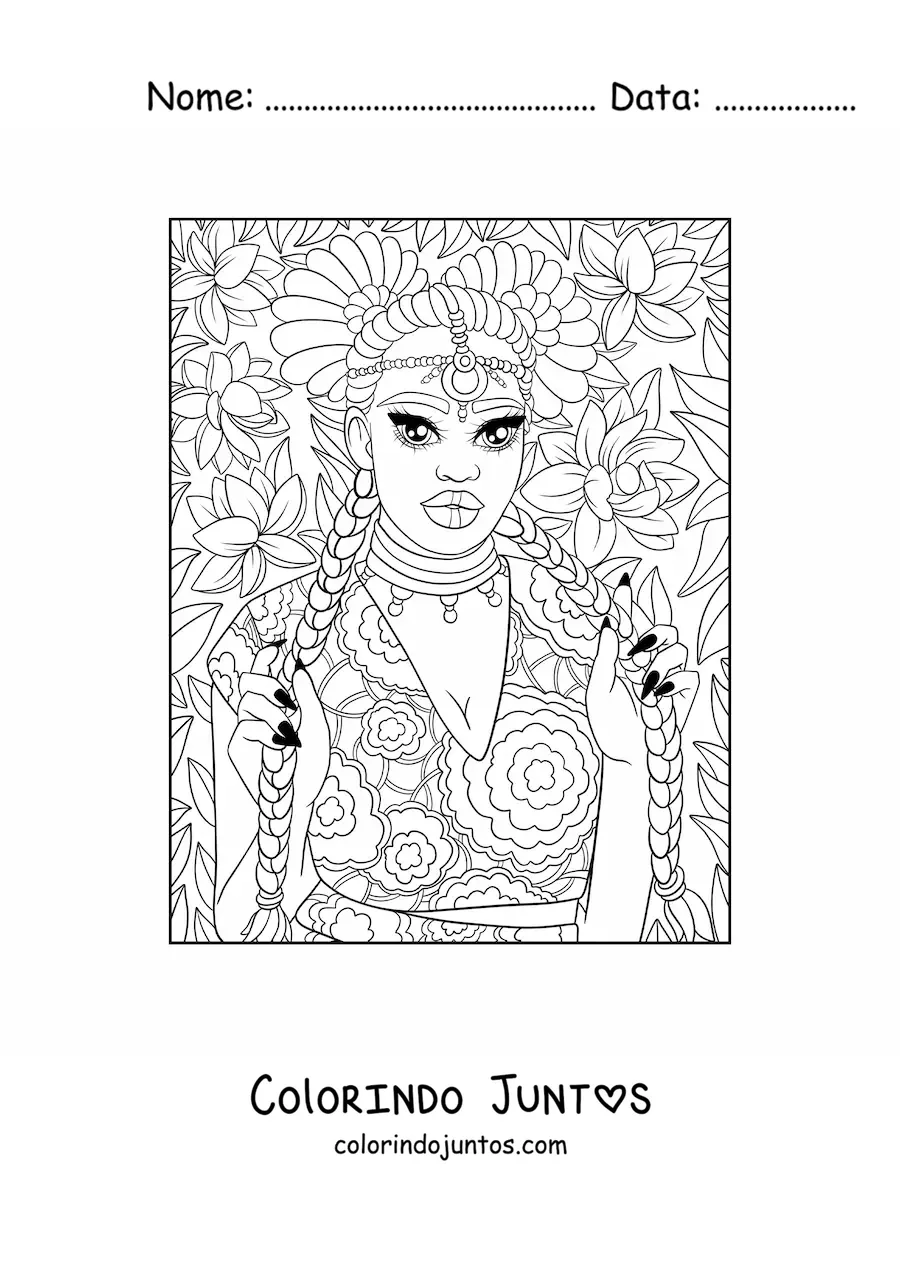 Desenho para colorir de bela mulher africana com tranças