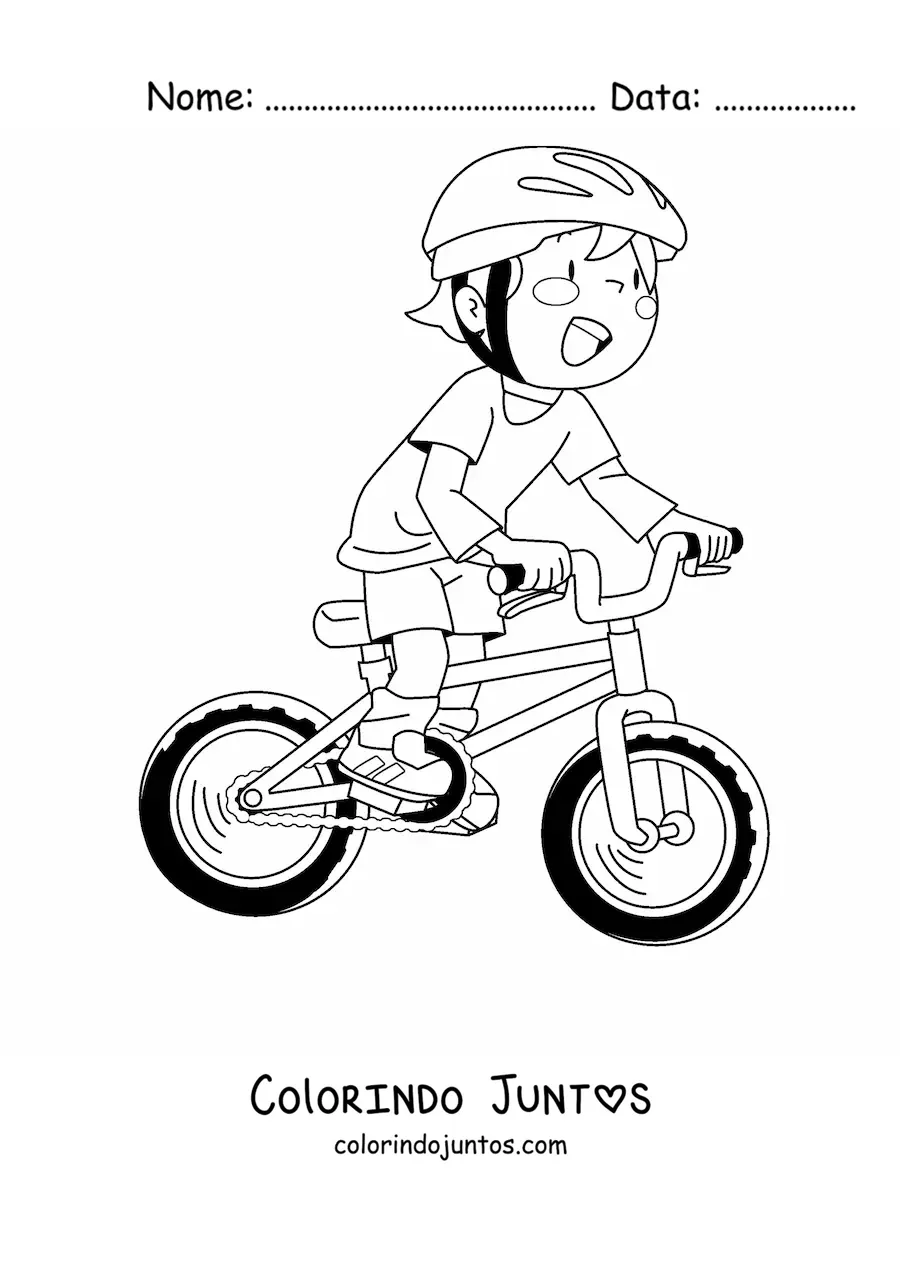Desenho para colorir de um menino de capacete andando de bicicleta