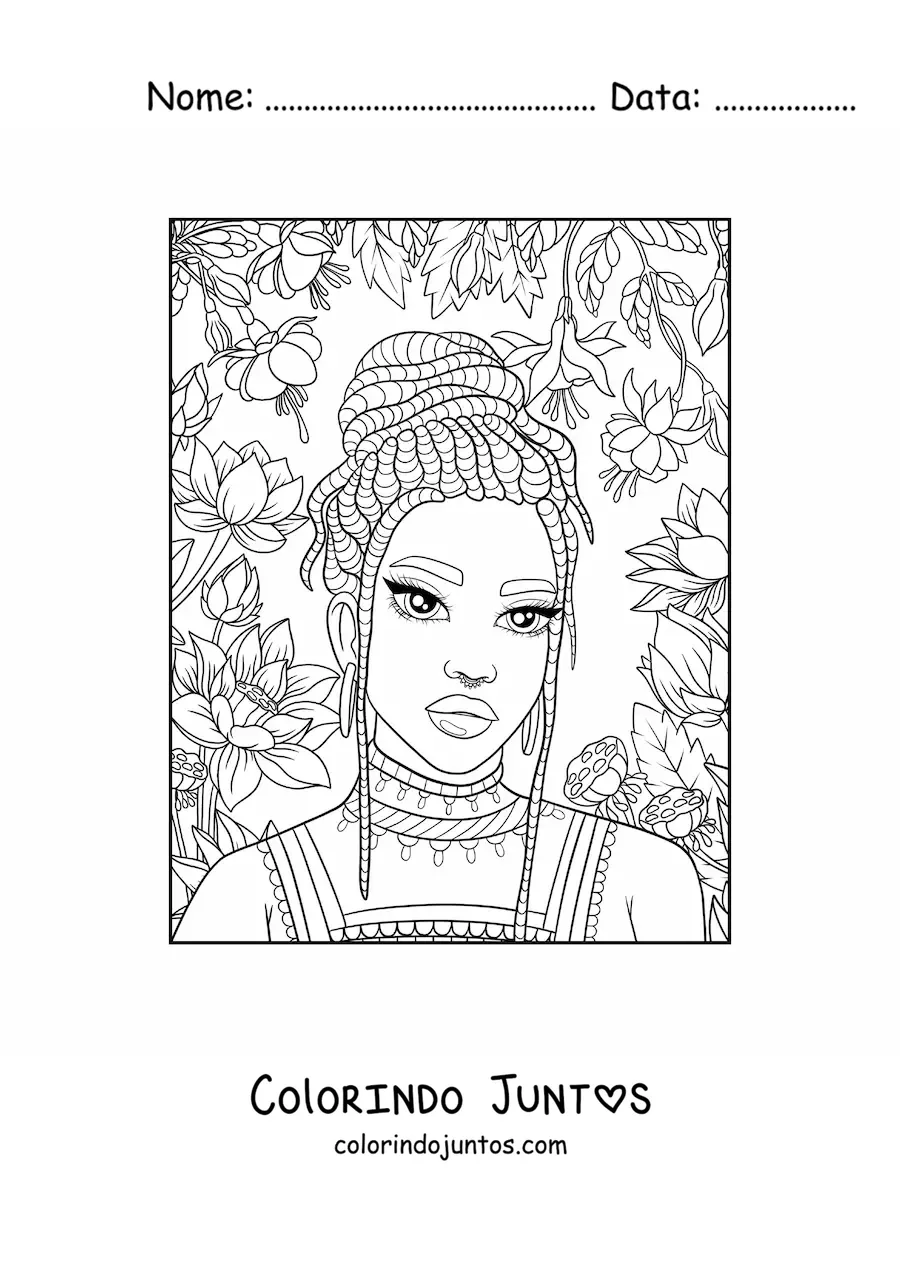 Desenho para colorir de bela mulher africana com tranças e flores