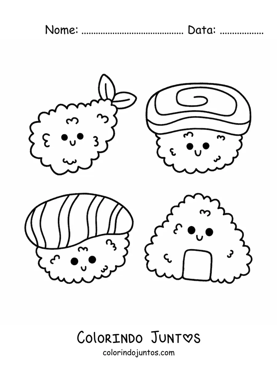 Desenho para colorir de sushi kawaii animado