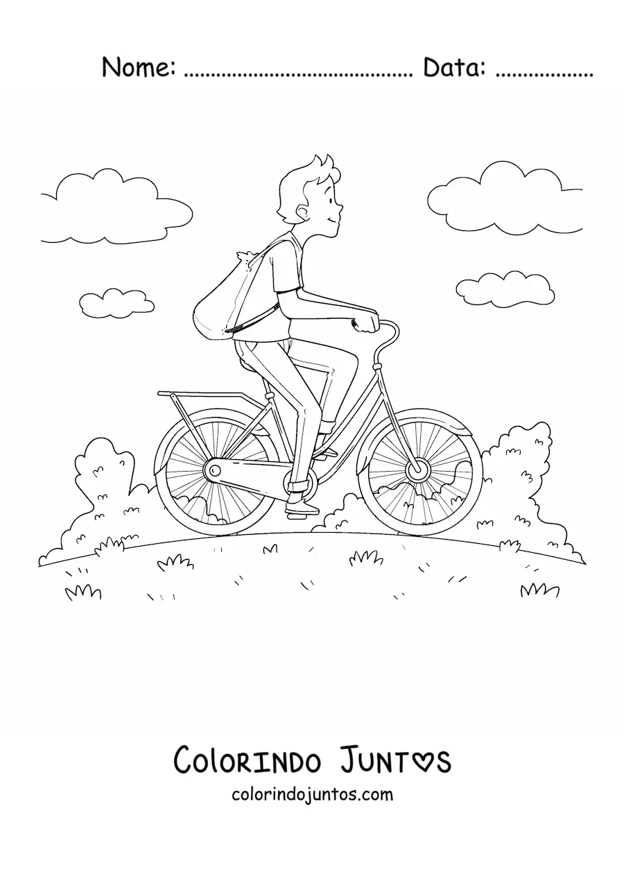 Desenho para colorir de um homem em uma bicicleta com nuvens ao fundo