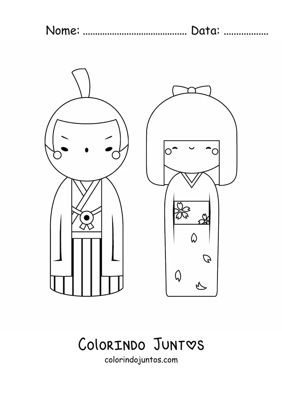 Desenho para colorir de casal japonês com vestimenta tradicional