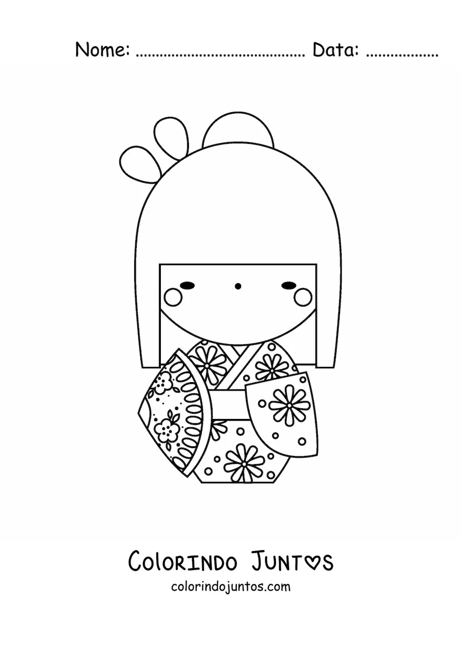 Desenho para colorir de menina japonesa com traje tradicional