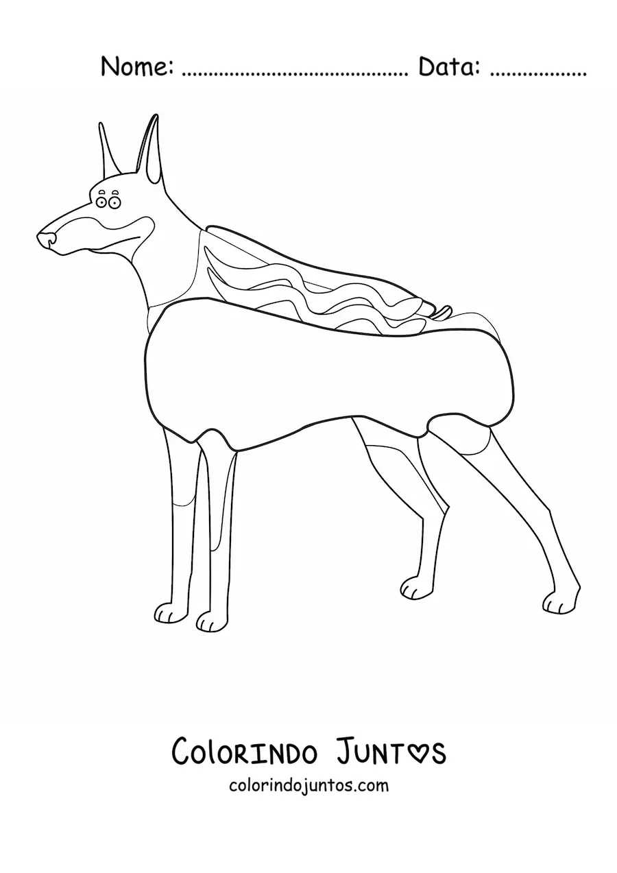Desenho para colorir de um doberman fantasiado de cachorro-quente